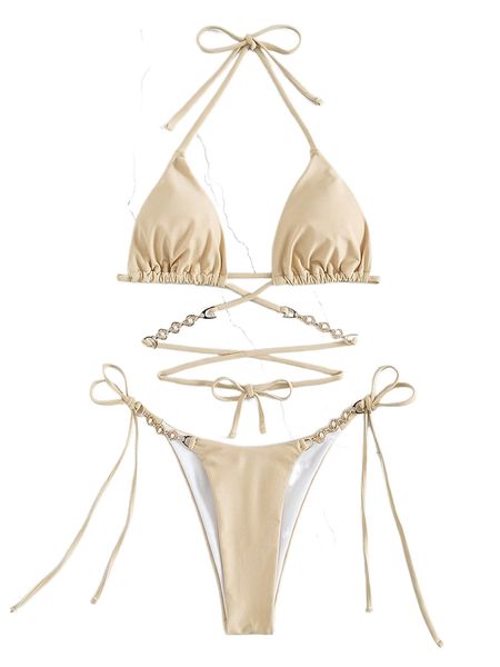 

faux pearl decor halter triangle bikini swimsuit y47u#, White;black