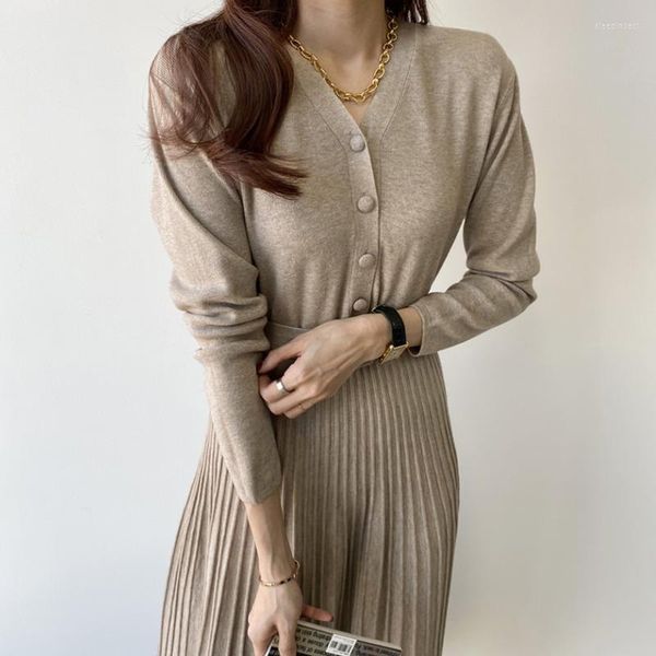

casual dresses v-neck single-buttons knitted one-piece dress autumn winter 2022 female long sleeve sweater robe elegant for women, Black;gray