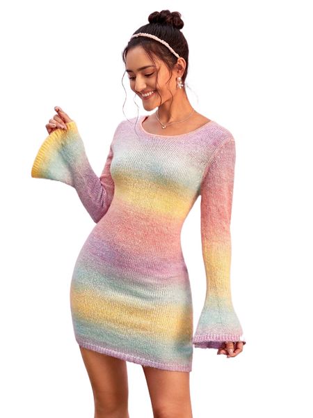 

ombre flounce sleeve v back sweater dress s3sa#, White;black