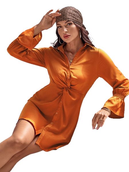

twist front flounce sleeve shirt dress m48h#, Black;gray