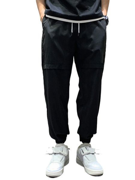 

men drawstring waist tapered pants 95iq#, Black
