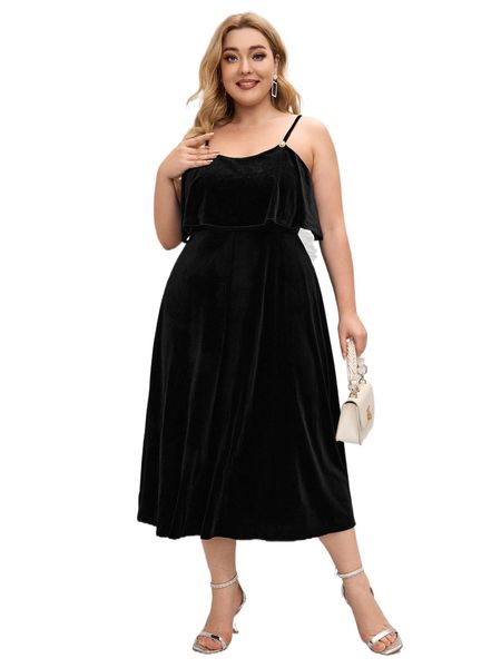 

plus ruffle overlay fake button velvet cami dress 019q#, Black