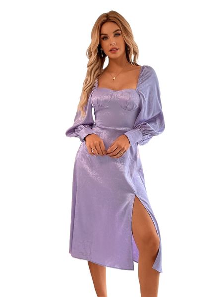 

jacquard floral square neck lantern sleeve split thigh dress o5rt#, Black;gray