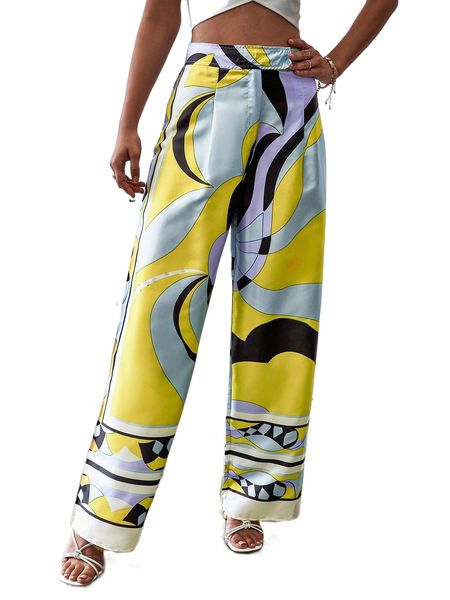 

allover print high waist pants f9yz#, Black;white