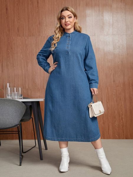 

plus quarter button split thigh denim dress m9lh#, Black