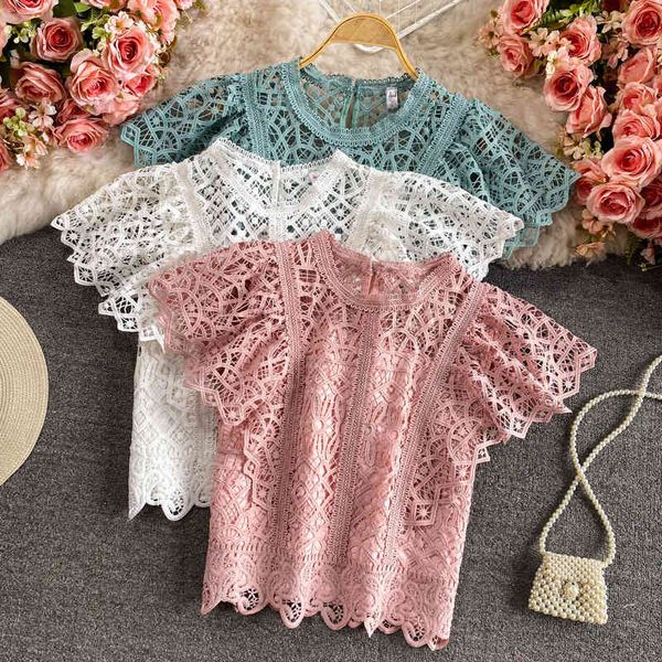 

women's blouses shirts solid color high waist short sleeve 2022 summer korean version pullover heart machine hollowed out hook flower r, White
