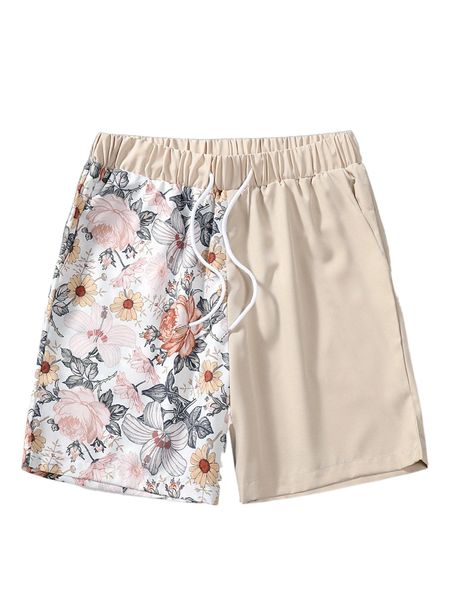 

men random color block & floral print shorts j1gr#, White;black