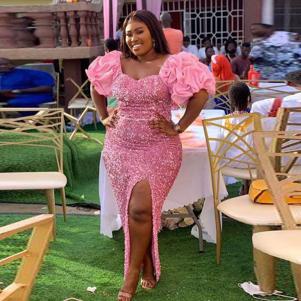 

sequined shiny aso ebi mermaid prom dresses high side split plus size evening formal party gowns with puffy short sleeves, Black