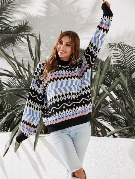 

luukse mock neck fair isle pattern drop shoulder sweater a3e3#, White;black