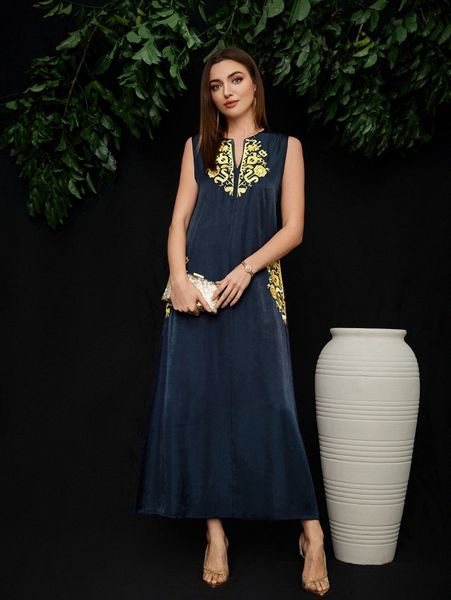 

floral embroidery notched neckline tunic dress e3wr#, Black;gray