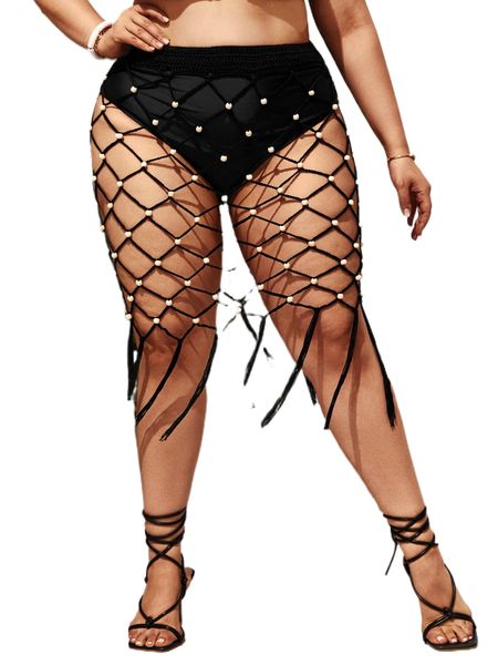 

plus bead detail fringe trim cover up skirt without bikini e3x8#, Black