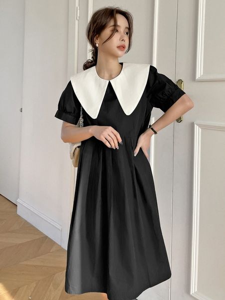 

dazy contrast statement collar puff sleeve dress i52h#, Black;gray