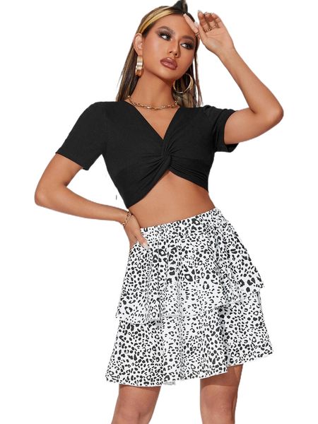 

twist front crop & leopard layered hem skirt 11c0#, White