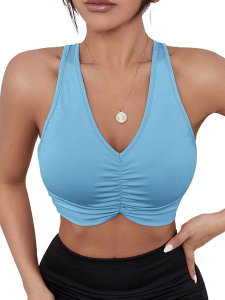 

solid ruched bust breathable softness sports bra 19wy#, Gray