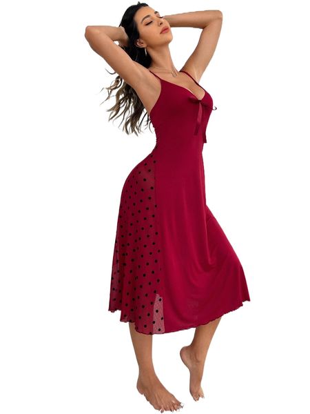 

polka dot knot front slip dress 38xa#, Black;red
