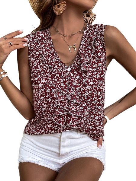 

ditsy floral print v-neck ruffle trim sleeveless blouse 44p0#, White