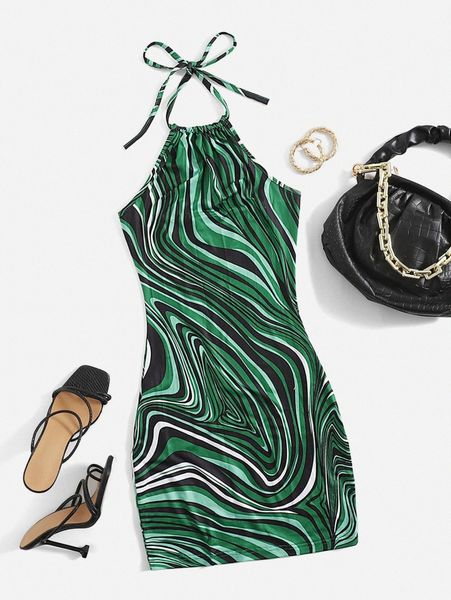 

marble print mini halter dress 71sn#, Black;gray