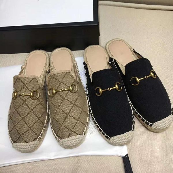 Stilista Sandalo da donna Corda di canapa intrecciata catena di metallo Sandalo Pantofola Suola piatta Pantofola casual Cotone Misto lino Lattice Paglia Doppio metallo Spiaggia NO30