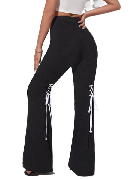 

lace up detail flare leg pants z6kq#, Black;white