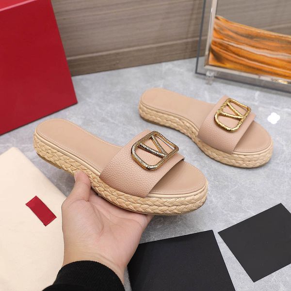 

women sandals slippers braided espadrille outdoors slide grainy cowhide casual sandal summer designer luxury fashion ladies beach flat flip, Black