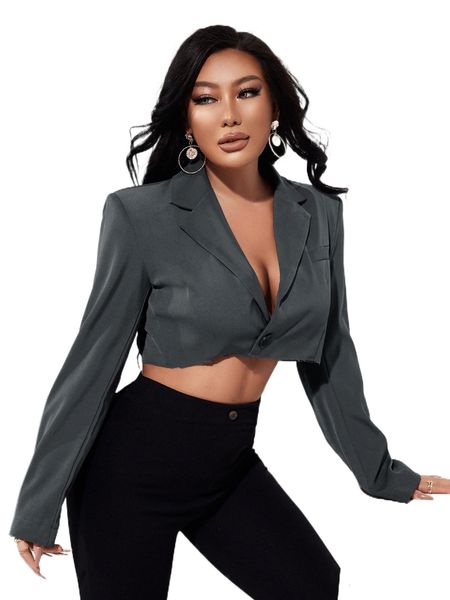 

raw trim single button shoulder pads crop blazer 68o8#, White