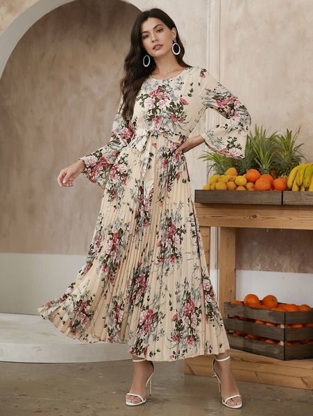 

floral print self tie pleated hem dress m7v0#, Black;gray