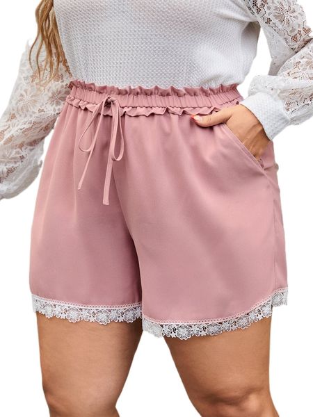 

plus guipure lace trim paperbag waist knot front shorts v74n#, Black