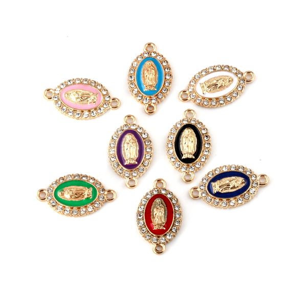 100pcs Rhinestone esmalte o conector Virgin Mary Pingente Charms Diy Bracelet Colar para acessórios para fazer jóias