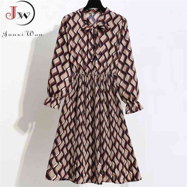 

women casual autumn winter dress long sleeve bow collar lady korean style vintage floral printed chiffon shirt long dresses 210401, Black;gray