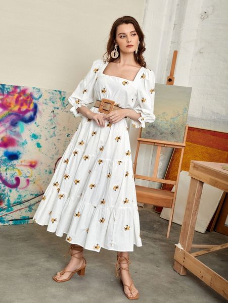 

square neck floral embroidery dress without belt 59bg#, Black;gray
