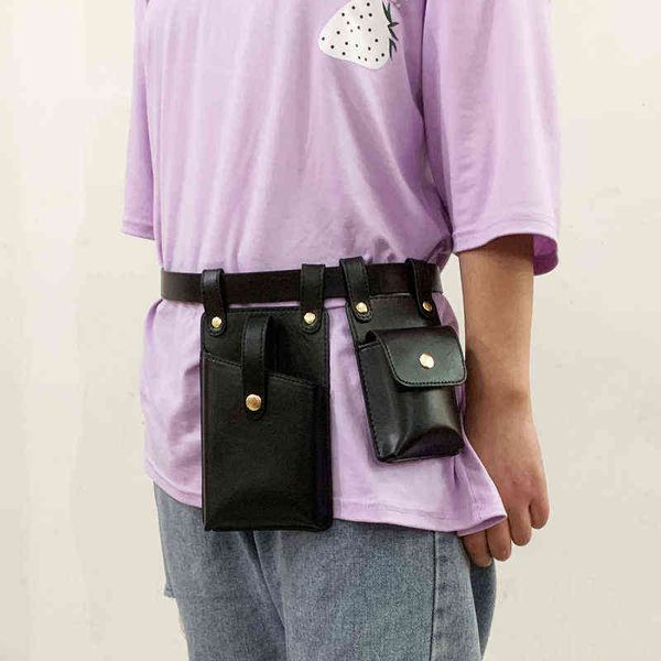 

2 pieces women's belt bag designer waist s hip hop pu leather female fanny packs functional crossbody chest phone purses 220531