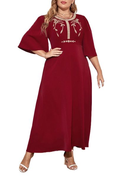 

plus plant embossed puff sleeve dress x6t8#, Black