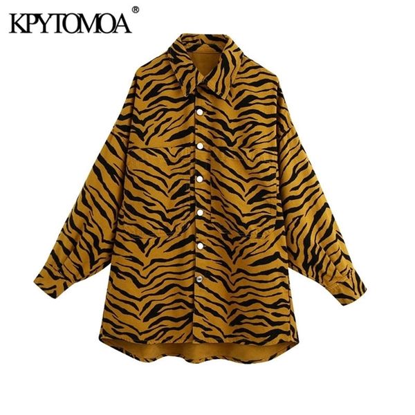 

kpytomoa women 2020 fashion oversized animal print shirt jacket coat vintage long sleeve pockets female outerwear chic lj201021, Black;brown