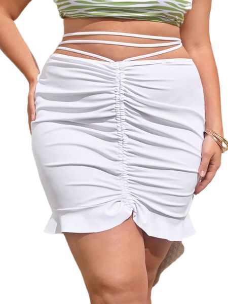 

plus tie back ruched ruffle hem cover up skirt v1ly#, Black