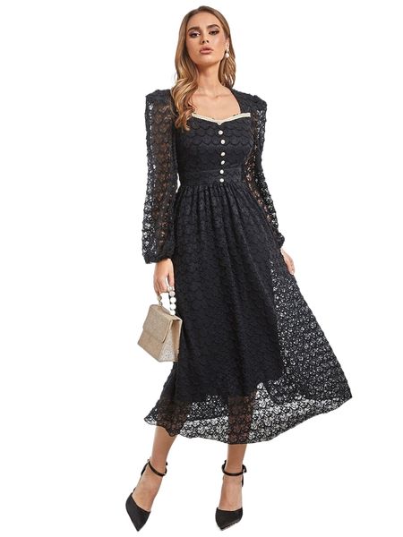 

sweetheart neck single breasted lace a-line dress x33k#, Black;gray