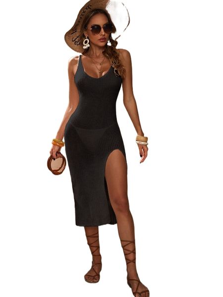 

slit thigh knitted cover up n9b2#, White;black