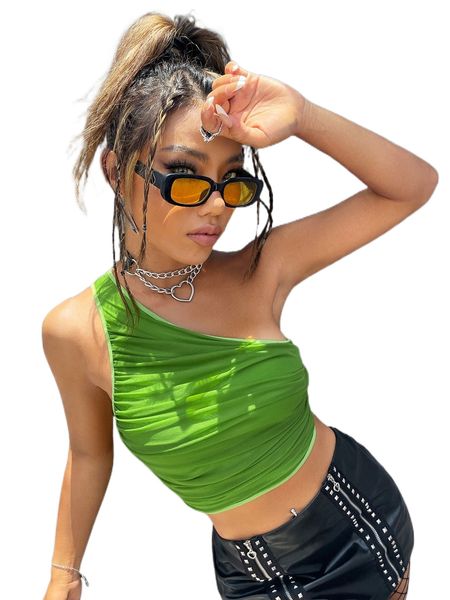 

ruched contrast binding one shoulder crop mesh b4he#, White