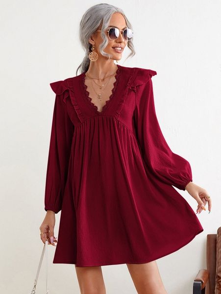 

contrast lace ruffle trim smock dress k6xj#, Black;gray
