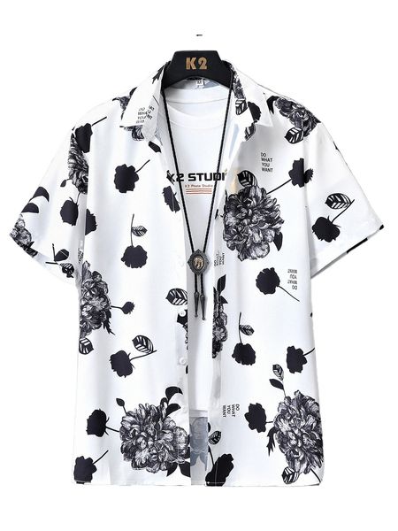 

men floral & slogan graphic button up shirt without tee o6rz#, White;black