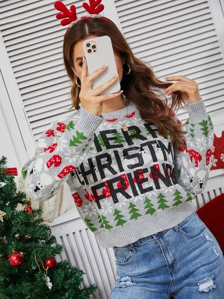 

christmas pattern drop shoulder sweater i9ht#, White;black