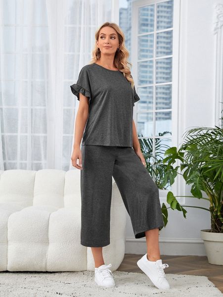 

emery rose ruffle cuff batwing sleeve tee & pants p7dt#, White