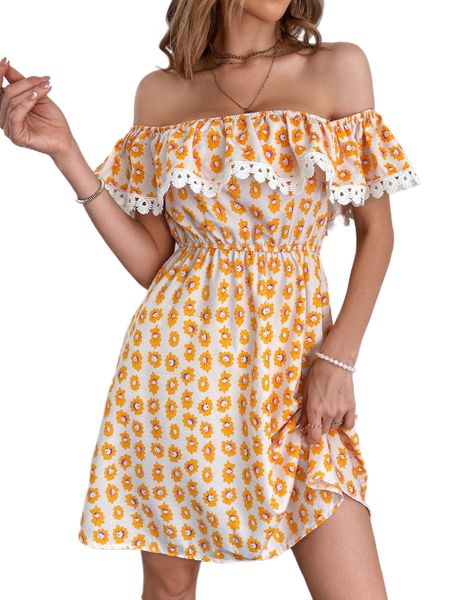 

all over floral print off the shoulder ruffle trim dress m9rw#, Black;gray