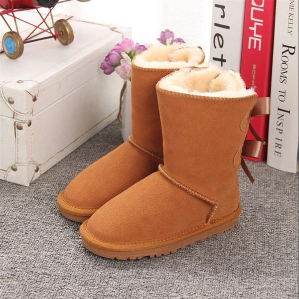 

kids bailey 2 bows boots genuine leather toddlers snow boots solid botas de266b, Black;grey