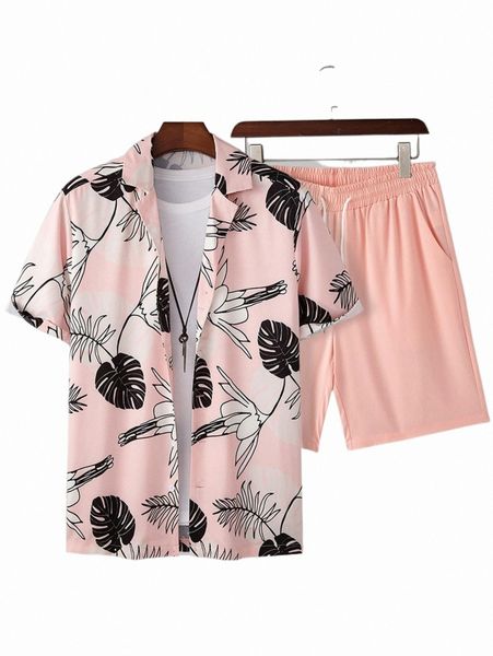

men tropical print shirt & drawstring waist shorts without tee m3gx#, Gray