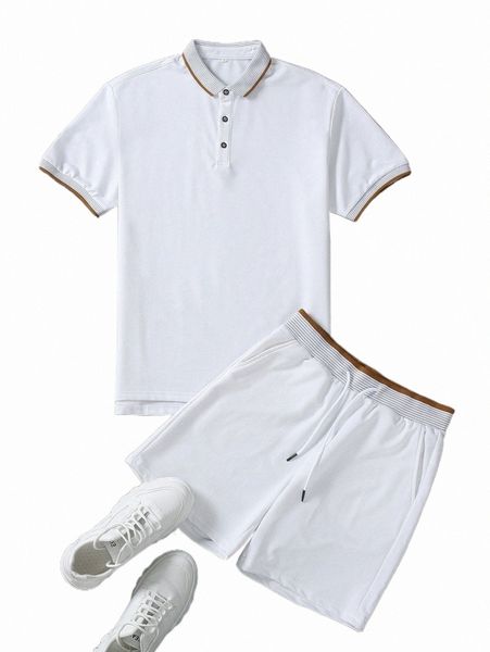 

men striped contrast binding polo tee with shorts p6vw#, Gray