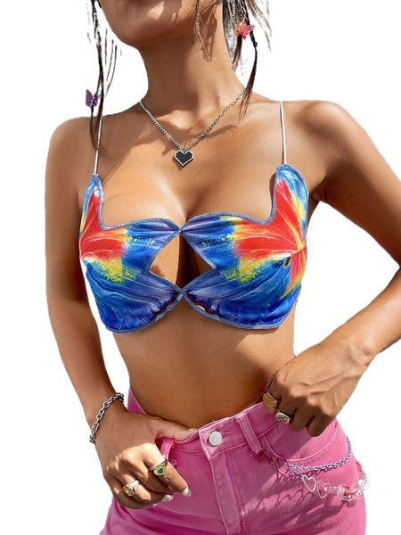 

tie dye cut out lace up back cami a8hl#, White