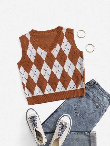 

argyle pattern knit q1e9#, White;black