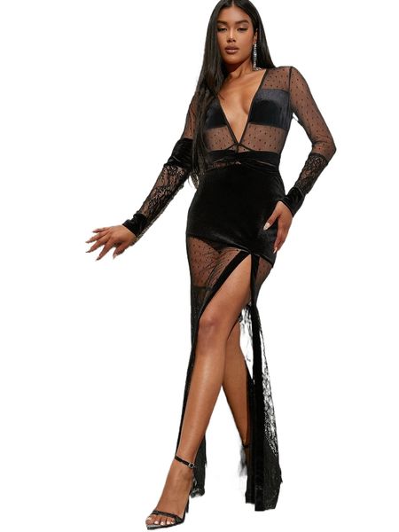 

plunging split thigh lace trim dobby mesh dress d8x8#, Black;gray