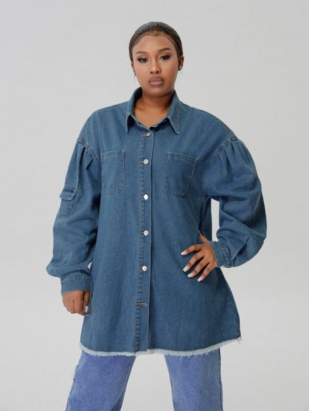 

plus raw hem button front denim jacket p6es#, Black;brown