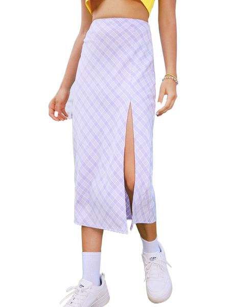 

romwe y2k revival plaid split thigh skirt g7pk#, Black